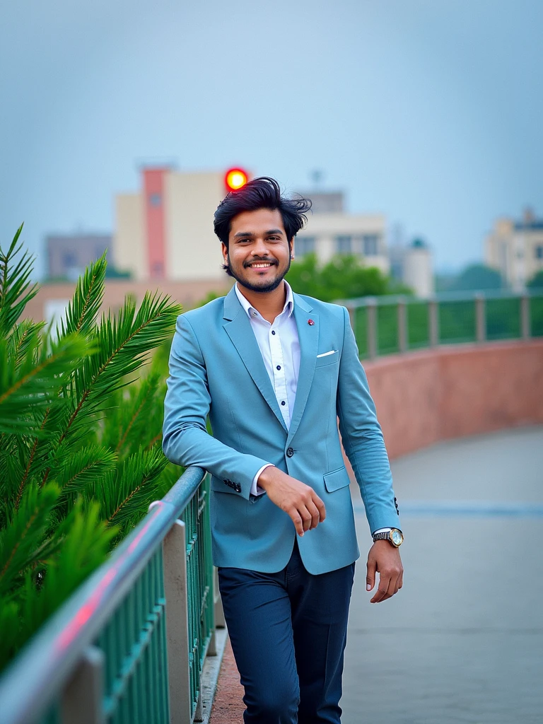 A young man with dark hair and a confident smile. He is dressed in a black blazer over a white shirt. The man is positioned against aqua colour backdrop with a subtle red lighting on the left side. and he posing for Linkedin profile