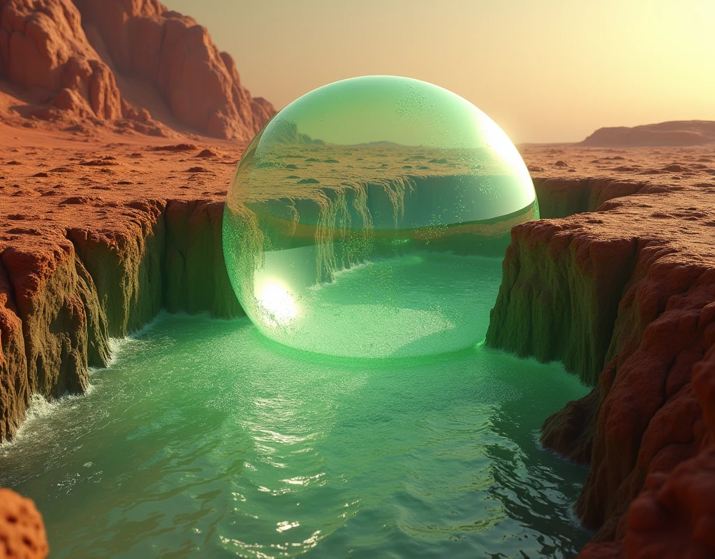 there is a semi transparent veiny green bubble growing in a rift between two Martian land masses, the bubble anchored itself to rift walls, and climbing higher, astronauts are witnessing it for the first time, ethereal rainbow bubbles, iridescent soapy bubbles, ethereal bubbles, bubble, foamy bubbles, soap bubbles, rainbow bubbles, air bubbles, water bubble, magic bubble barrier, bubbles rising, huge bubbles, liquid sculpture, bubbly foam, froth at the base of the bubble, the main structure can be seen from satellite pictures, Martians are blowing bubbles in water through straw,