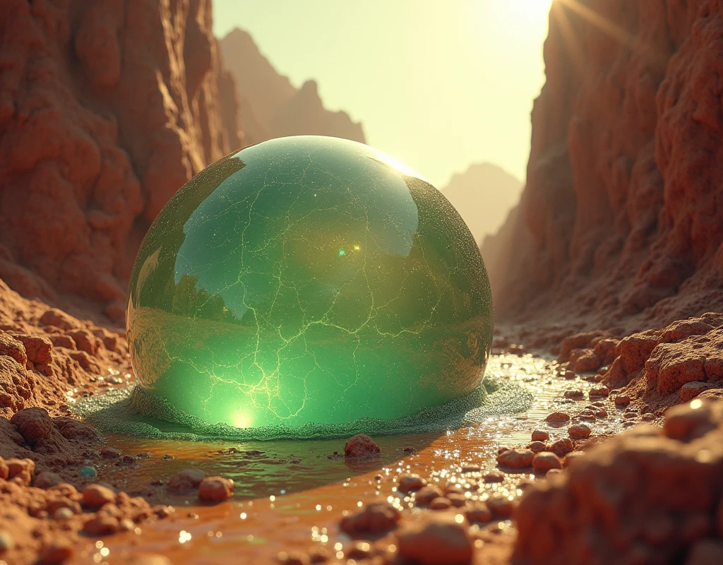 there is a semi transparent veiny green bubble growing in a rift between two Martian land masses, the bubble anchored itself to rift walls, and climbing higher, astronauts are witnessing it for the first time, ethereal rainbow bubbles, iridescent soapy bubbles, ethereal bubbles, bubble, foamy bubbles, soap bubbles, rainbow bubbles, air bubbles, water bubble, magic bubble barrier, bubbles rising, huge bubbles, liquid sculpture, bubbly foam, froth at the base of the bubble, the main structure can be seen from satellite pictures, Martians are blowing bubbles in water through straw,