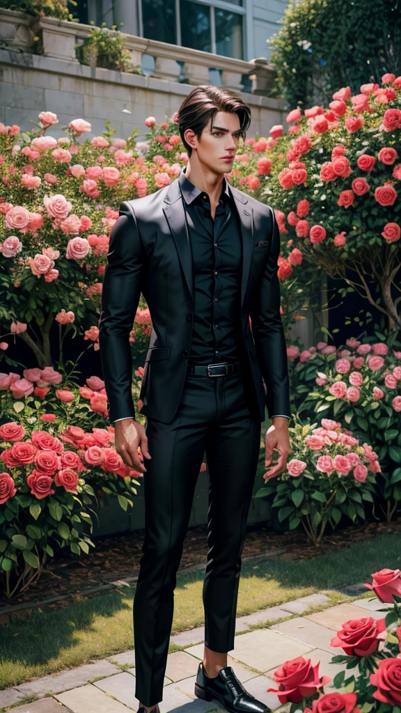 (absurdres, highres, ultra detailed), 1 male, beautiful,handsome, tall muscular guy, smooth skin, sexy gaze, mature, verious red and pink roses around him, the man is standing comfortably in the roses, from directly above, (black shirt, black pants), gorgeous, wet, model pose, colorful, artistic, depth of field, focus on his calm facial features, elegant look, looking at the viewers romantically,