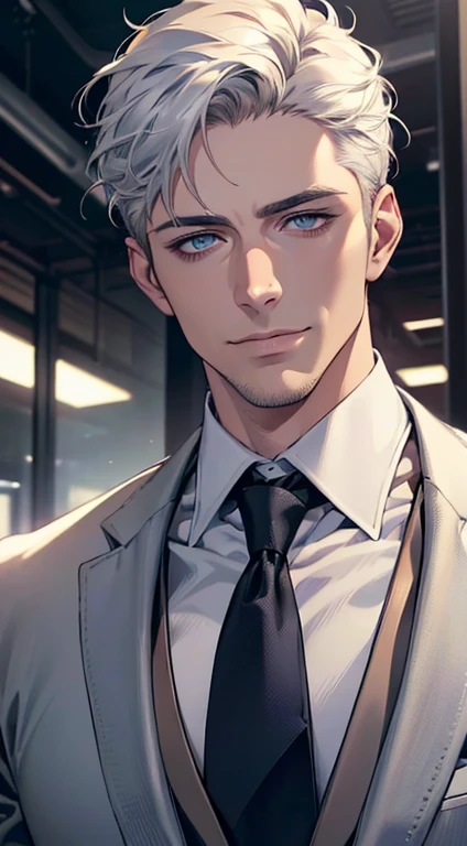 (best quality,4k,8k,highres,masterpiece:1.2),ultra-detailed,(realistic,photorealistic,photo-realistic:1.37),1 man,31 years old,mature man,very handsome,without expression,smile,short white hair,blue eyes,penetrating gaze,perfect face without errors,imposing posture,businessman,office background,cinematic lighting,hdr image