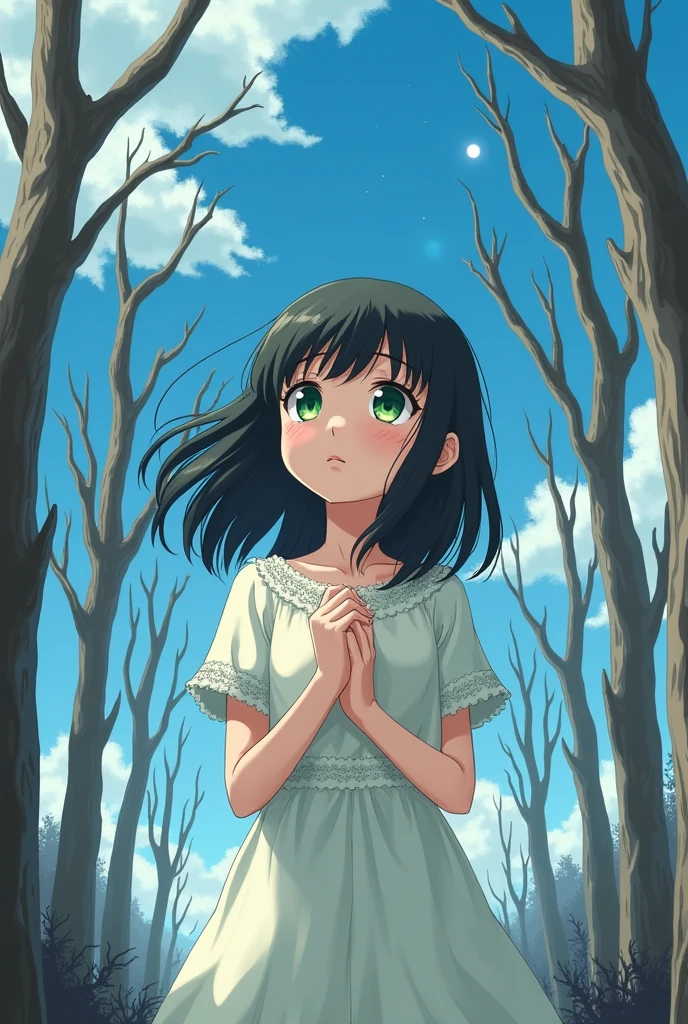 Girl with green eyes and black hair and has bangs and has her hair down and is wearing a white dress , He is in a sunny forest and the trees have no leaves and he looks at the sky with tears in his eyes but a little sadness, while holding something in his hands that he has in fists and has his hand on his chest (don't anime)