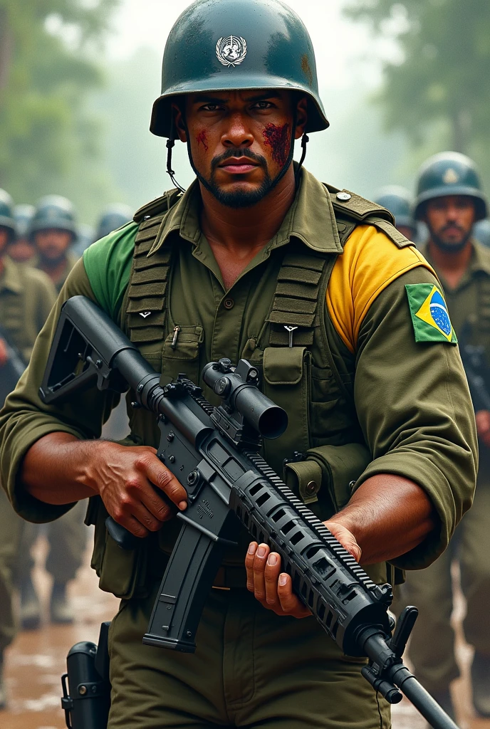 Illustrate a realistic light brown man all dirty with dust and all cut up from the Brazilian army commando battalion, with a large, strong and wide physique, He has short hair, with a tired but aggressive look, holding a heavy machine gun with a large cut on his face. He is fully equipped with a blue UN helmet and a long-sleeved Brazilian army uniform with the flag symbol on the shoulder.. He has a large, heavy vest. In the background leading an entire battalion of Brazilian soldiers