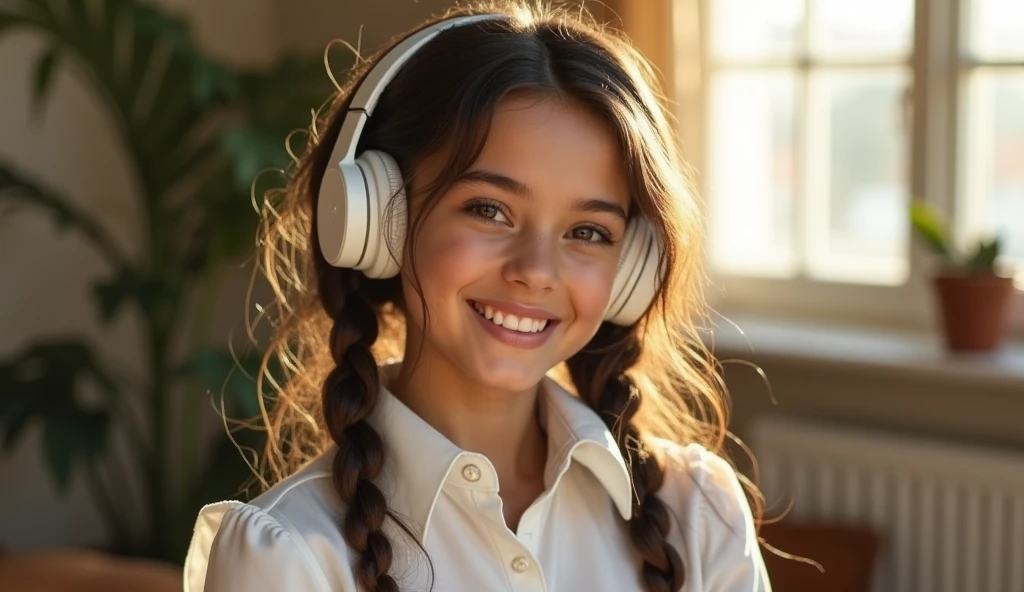 ((THE MOST BEAUTIFUL GIRL IN THE WORLD),, (AGE 16 YO), (LARGE BREASTS CAN NOT BE VIEWED BY VIEWER), (SEPARATED CLEAVAGE),(CUTE SMILE LIPS PARTIALLY OPEN SEE TEETH),RAW, Pritika Swarup, She is wearing a headphone, Beautiful Woman, player's perspective, Lens Flare, f/2.8, 50mm, Leica, Braids, (Masterpiece, Top Quality, High Resolution:1.4), 1 girl, , large breasts, angel, abs, skin pore texture, HD 4K, 8K, photo, cinematic, full body portrait, realistic, (8K, RAW photo, Top Quality, Masterpiece:1.2), (realistic, photo-realistic:1.33), best quality, detailed eyes, cute, natural light, depth of field, film grain, wrinkled skin, headphone, sharp, detailed and realistic woman, staring at camera, ruffled lips, sexy smile, perfect teeth, soft natural light, photography, magic photography, dramatic lighting, photorealism, super detailed, elegant white blouse and tight WR.UP jeans with platform stiletto heels.