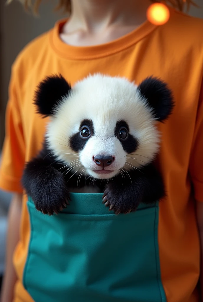 Generate an image of baby panda secretly looking from inside the pocket of t shirt and only half face and one hand is visible pocket is slightly wrinkled horizontally 