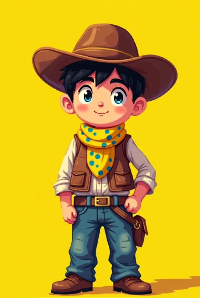 Generates a 13-year-old boy on a yellow background with mostly brown cowboy clothing and a yellow scarf with blue spots. All this with a pixelated visual style similar to an Undertale-type video game.