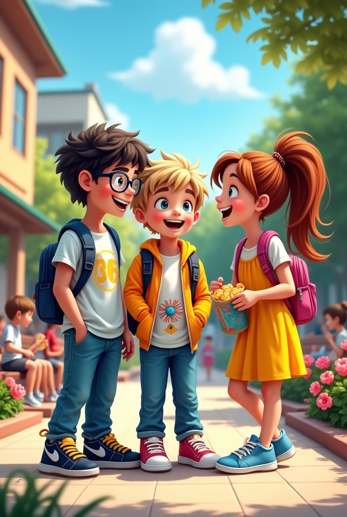 generates three students from the school, two are boys and one is a girl. they are best friends and they are at break time