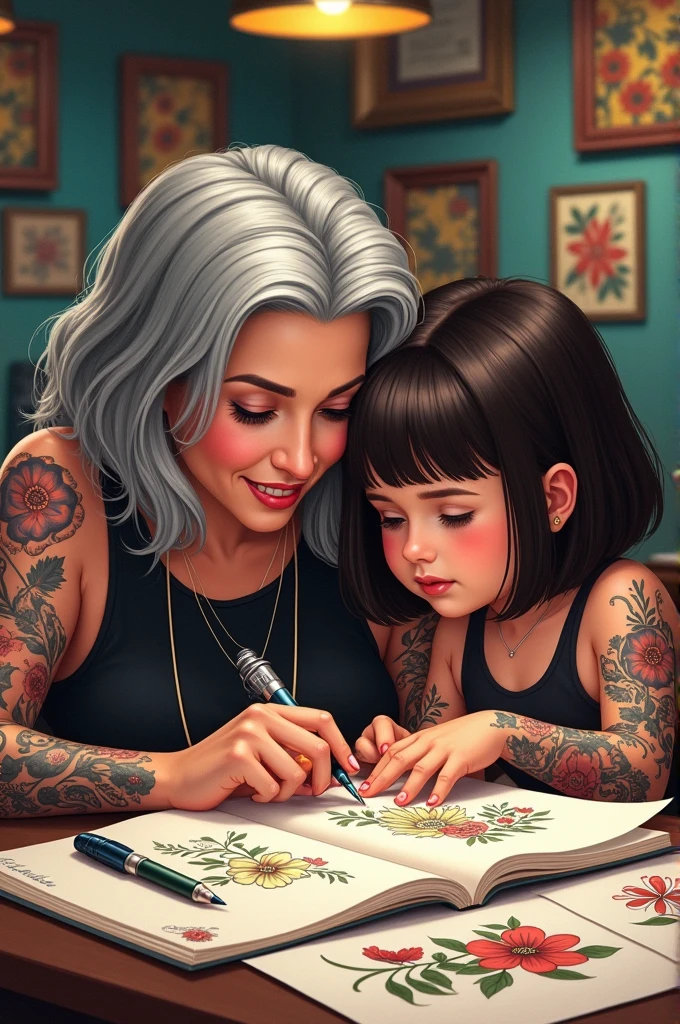 MOTHER and young woman Brunettes at tattoo shop 