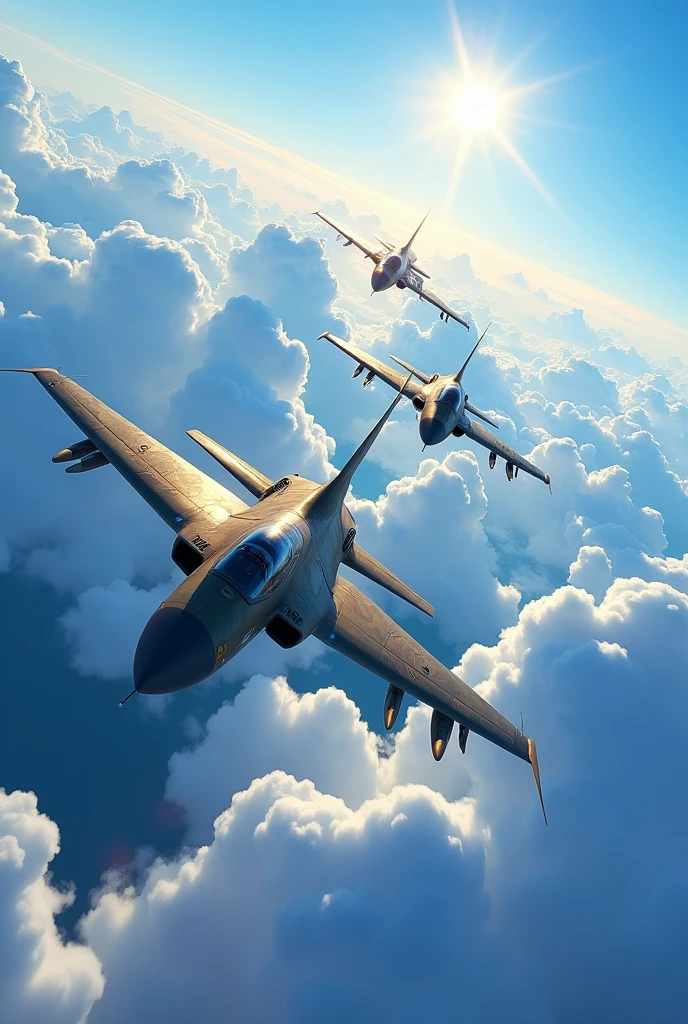 Create an art where 3 Ukrainian military fighters are flying above the sky, they are flying over beautiful clouds