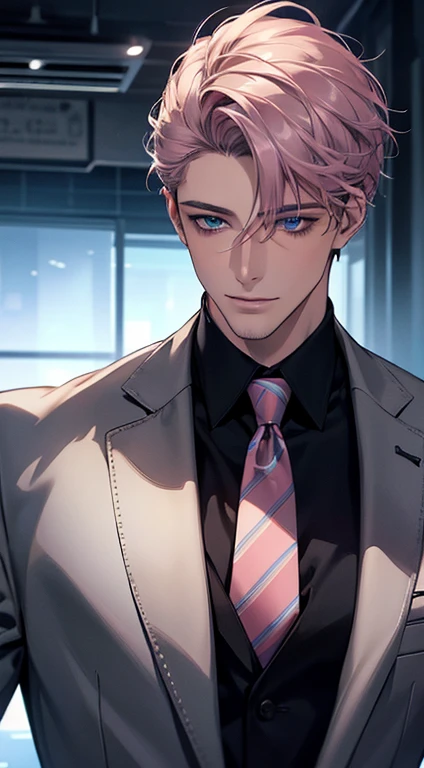 (Highest quality,4K,8K,High resolution,masterpiece:1.2),Super detailed,(Realistic,photoRealistic,photo-Realistic:1.37),1 person,31 years old,Mature Men,Beautiful skin、Profile、very handsome,Expressionless,smile,Short gray pink hair,blue eyes,Sharp Eyes,A perfect face without a doubt,Businessman,Office Background,Cinema Lighting,HDR image,tie、