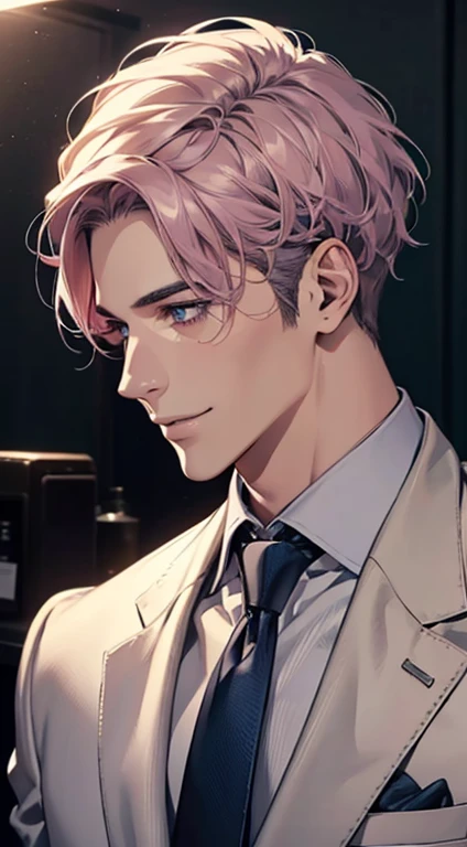 (Highest quality,4K,8K,High resolution,masterpiece:1.2),Super detailed,(Realistic,photoRealistic,photo-Realistic:1.37),1 person,31 years old,Mature Men,Beautiful skin、Profile、very handsome,Expressionless,smile,Short gray pink hair,blue eyes,Sharp Eyes,A perfect face without a doubt,Businessman,Office Background,Cinema Lighting,HDR image,tie、