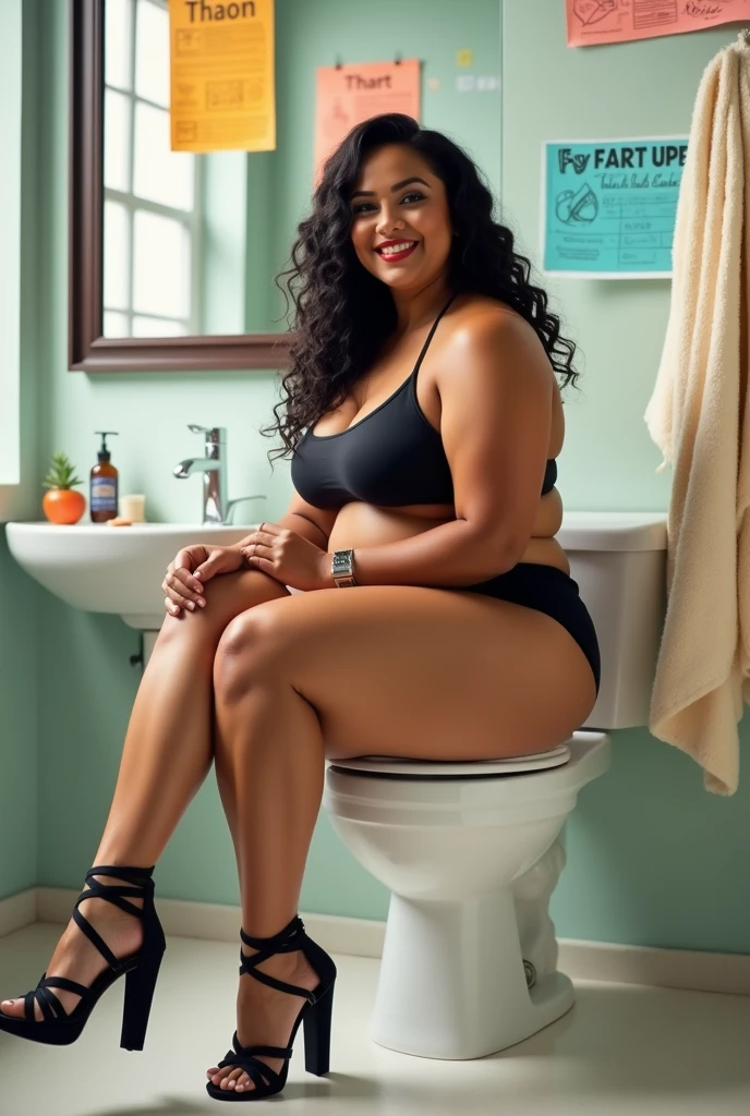 Plus size teacher girl in black bikini and heels on toilet