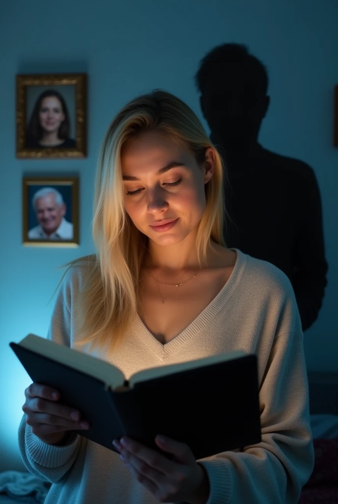 En premier plan une  fille adulte blonde en sweat qui lit un journal noir avec écrit sur le journal  "journal de Isabel Brown" and behind her a slightly larger shadow with it must not be the same person and the blue background and on the background a photo of the same blonde girl and a slightly old brunette woman and a slightly old blonde man