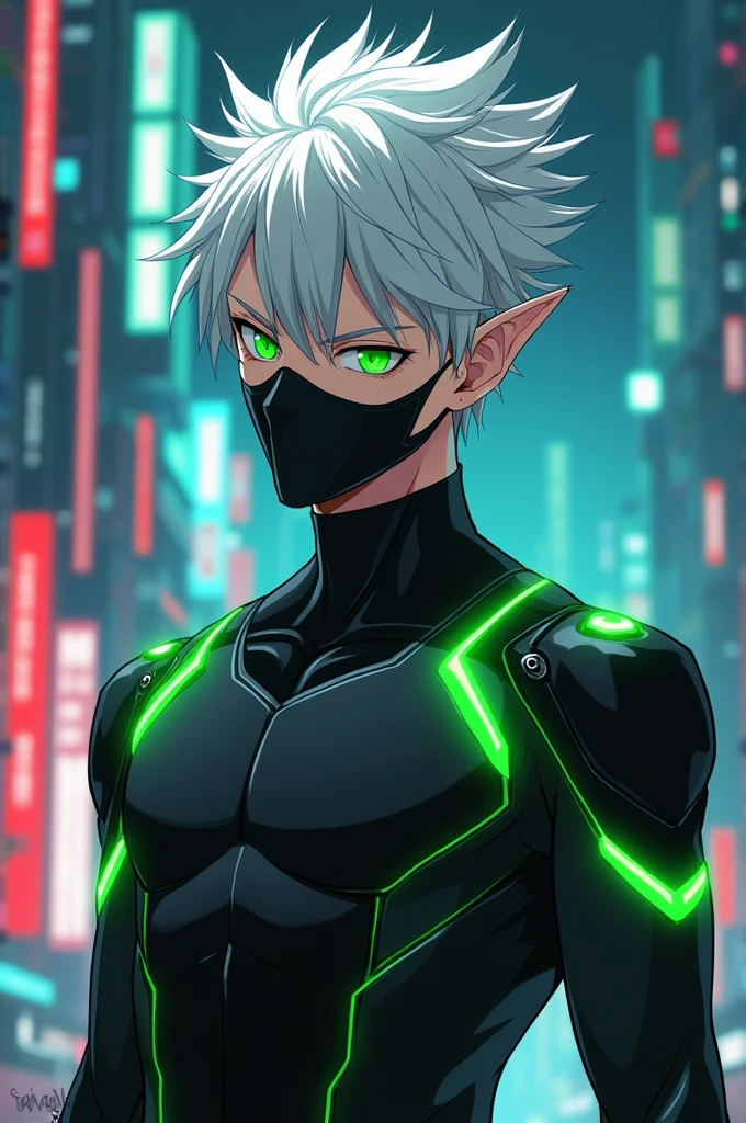 male character, white hair spiking up, greeneyes, little elf ears. Character defined, black futuristic outfit with green details like a hero uniform, Mask covering the mouth and nose, black mask. anime dash