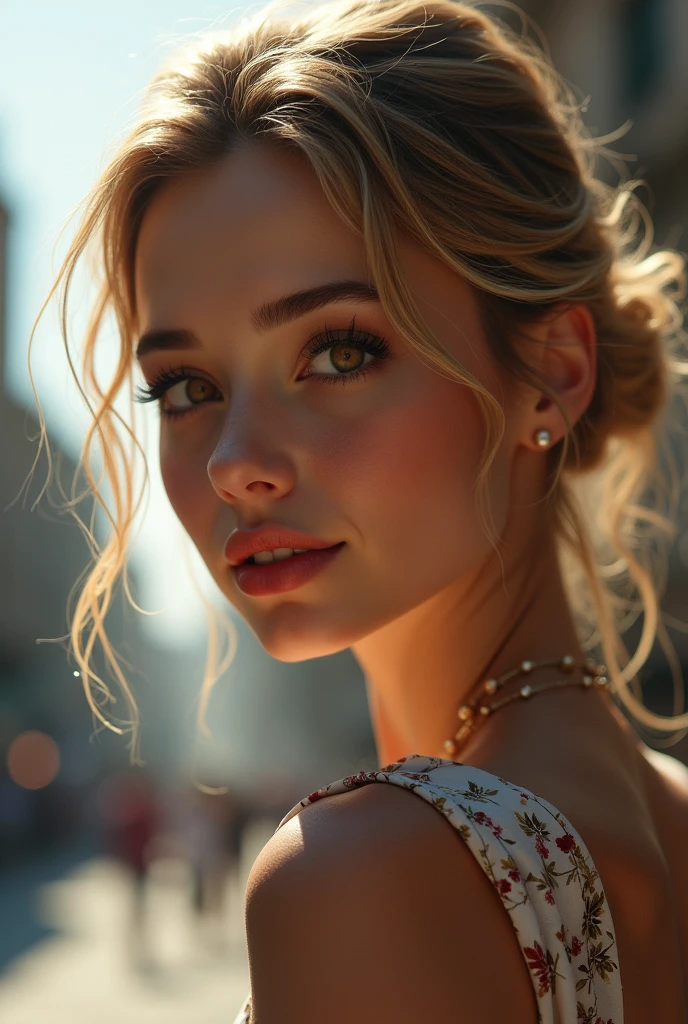 (Photorealistic realism 16K quality), ((ultra insanel quality 16K, professional digital art:1.2)), ((focus sharp on extremely Realistic Proportion Body, Anatomically Correct:1.2)), Beautiful Girl, Half Body Portrait, Black Eye Shadow, ((Street Style Wear:1.35) )), (city background:1.25), finer details, intricate, beautiful details glow, (super details beautiful, slim and sharp features), (bright pale complexion). break, (insanely detailed brown_ eyes:1.25), (tired, sleepy and satisfied:0.0), perfect round eyes, (finely detailed pupils:1.3), detailed, ((smiling, joyful face)), (perfect composition), Depth of field, cinematic light, Lens flare, dslr, best high quality soft lighting, sharp focus captured by Fujifilm XT3, f 5.6, in a dramatic lighting, ((Best Quality)) ,((masterpiece)), intricate details, dry skin, best high quality real texture skin, (A woman with velvety skin:1.3), (best high quality real texture hair), (blonde hair(wavy combed up, behind the ear:1.22)), (firm big full breasts), (slim muscled body), she is the embodiment of beauty and allure, ((Dressed in a breath taking, silk Dolce & Gabbana.Floral dress:1.3)), elegant fashion intricately detailed:1.28), floral couture, (clothes made of silk and flower:1.3), 3/5 long, (closeup to her face)