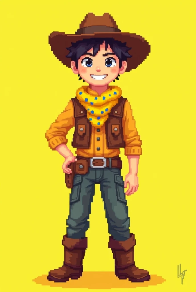Generates a 13-year-old boy on a yellow background with mostly brown cowboy clothing and a yellow scarf with blue spots. All this with a pixelated visual style similar to an Undertale-type video game.