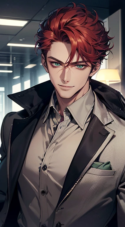 (best quality, masterpiece, 8K, photorealistic, cinematic lighting, hdr image, ultra detailed, beautiful image), a mature man, very handsome, smile, short grey red hair, green eyes, perfect face without errors, ((buttoning the jacket, CEO))