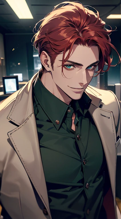 (best quality, masterpiece, 8K, photorealistic, cinematic lighting, hdr image, ultra detailed, beautiful image), a mature man, very handsome, smile, short grey red hair, green eyes, perfect face without errors, ((buttoning the jacket, CEO))