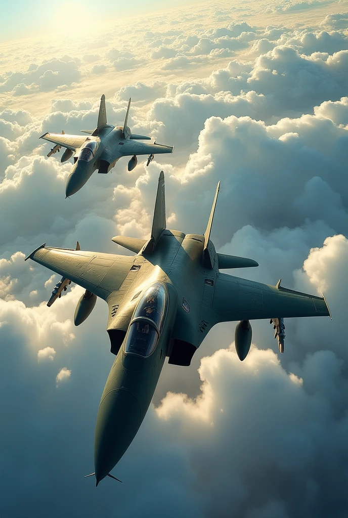 Create an art where 2 Ukrainian military fighters are flying above the sky, they are flying over beautiful clouds