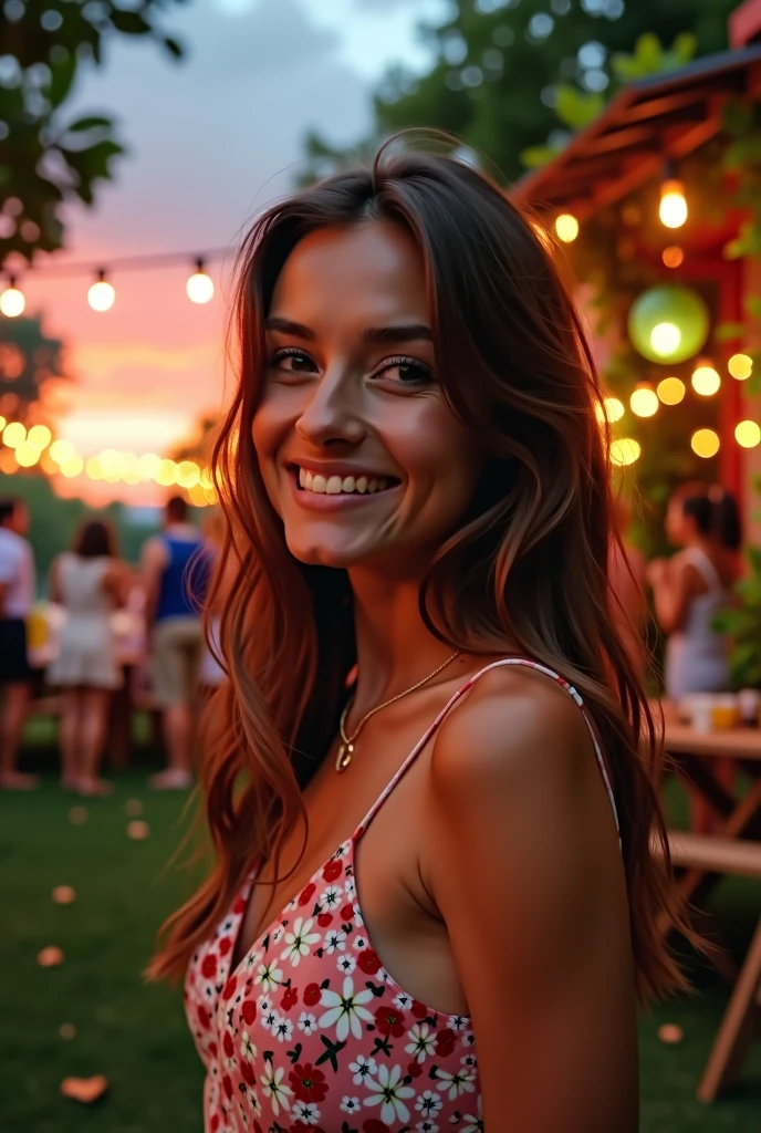 Brunette woman with brown eyes , a person who is realistic we would not say that it is a person created by AI has a party outside