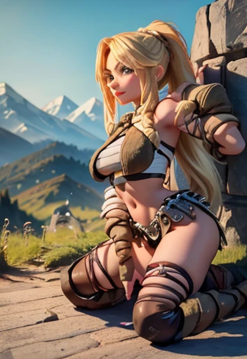 Viking warrior girl, wearing furs but still nude underneath, sweaty, in a viking village, mountains, lake,