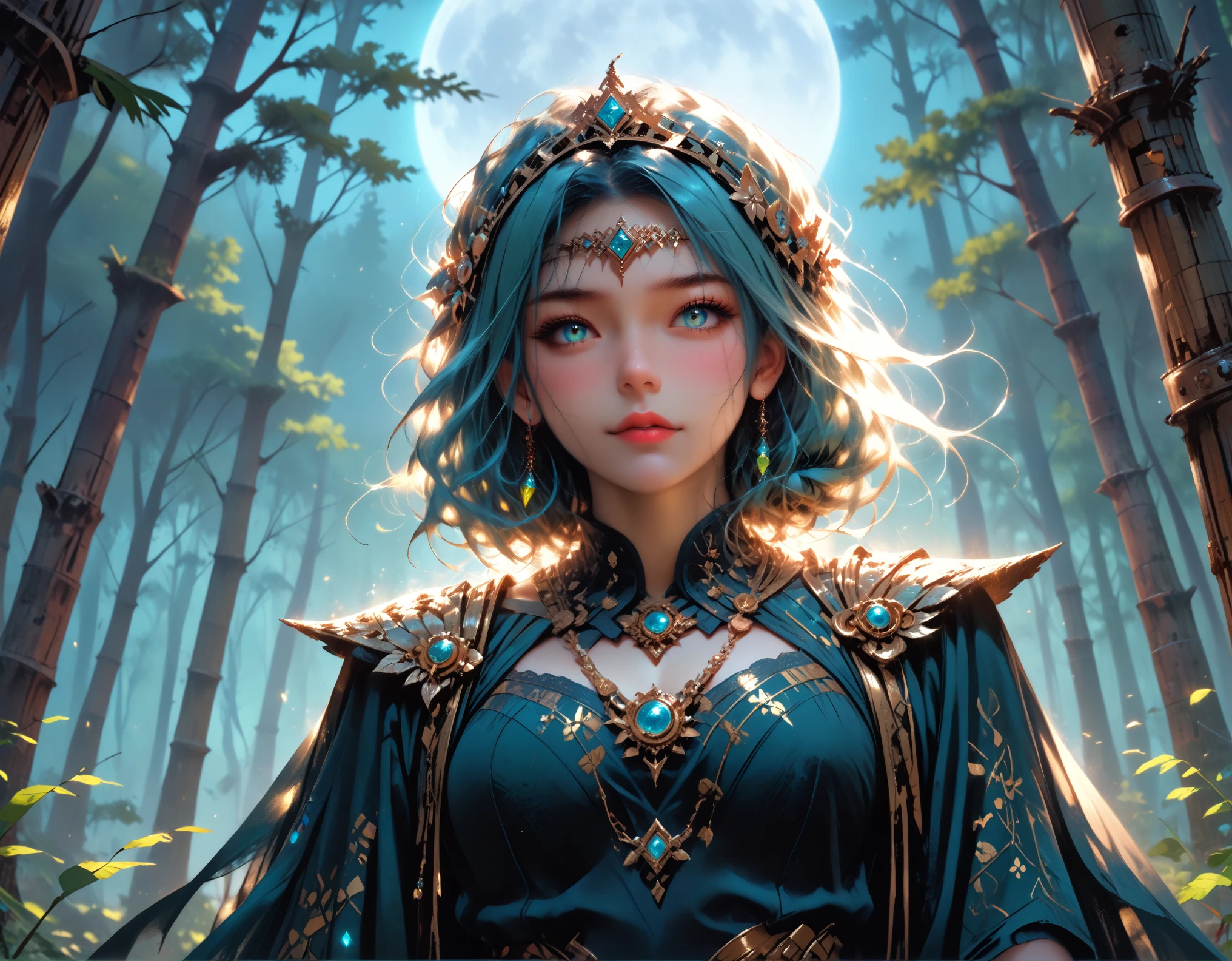 high details, best quality, 16k, [best detailed], masterpiece, best quality, (extremely detailed), a view from the rear (best details, Masterpiece, best quality), photorealistic, fantasy art, RPG art, a picture of a human sorceress sittings in bamboo forest, opening a  large (magical doorway: 1.2), with magical runes on it, looking into the (heavens: 1.3), epic beautiful human woman (best details, Masterpiece, best quality), ultra detailed face (best details, Masterpiece, best quality), dynamic hair color, dynamic hair style, dynamic eyes color, dynamic dress (best details, Masterpiece, best quality), bamboo, the magical doorway opens into the heavens and you can see angels flying, glowing arcane sigils GlowingRunes_paleblue, fantasy bamboo forest at night, moon light, moon rays, stars, Ultra-high resolution, High Contrast, (masterpiece:1.5), highest quality, Best aesthetics), 16K fantasy art, best details, best quality, highres, (ultra wide angle: 1.2), 16k, [ultra detailed], masterpiece, best quality, (extremely detailed), Cinematic Hollywood Film