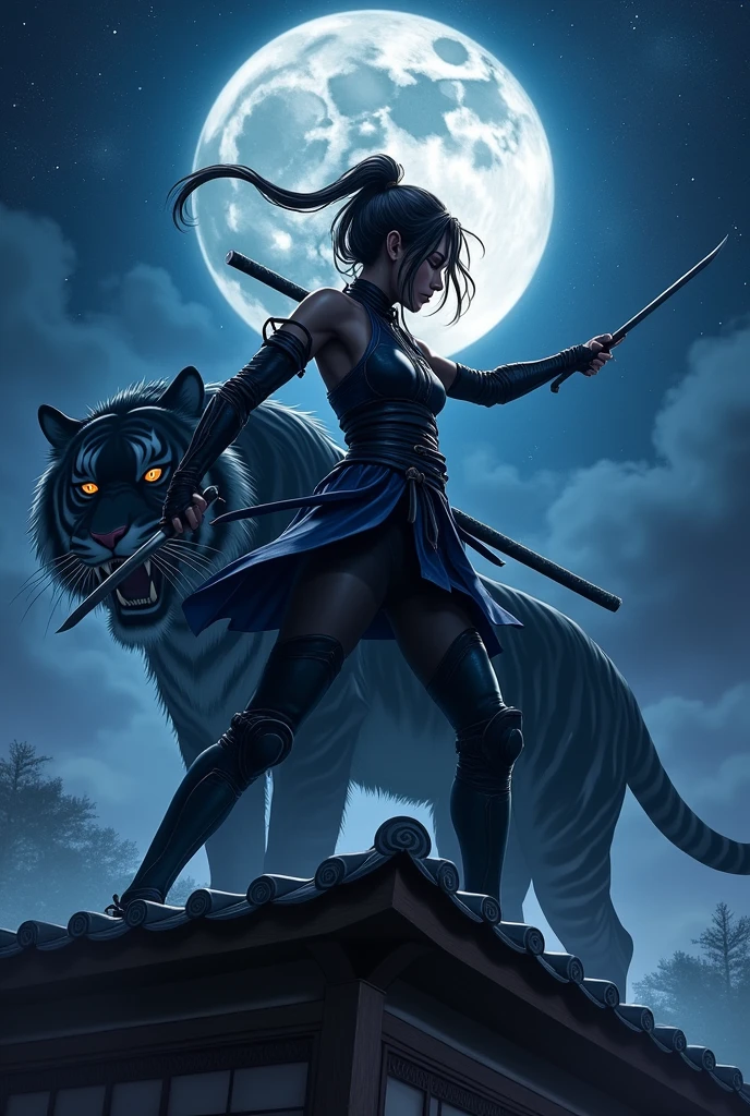 Kunoichi in aggressive stance wielding dual ninja-to wearing black and dark blue Japanese ninja armor on a Japanese castle rooftop against the night sky and the shadow of a black tiger