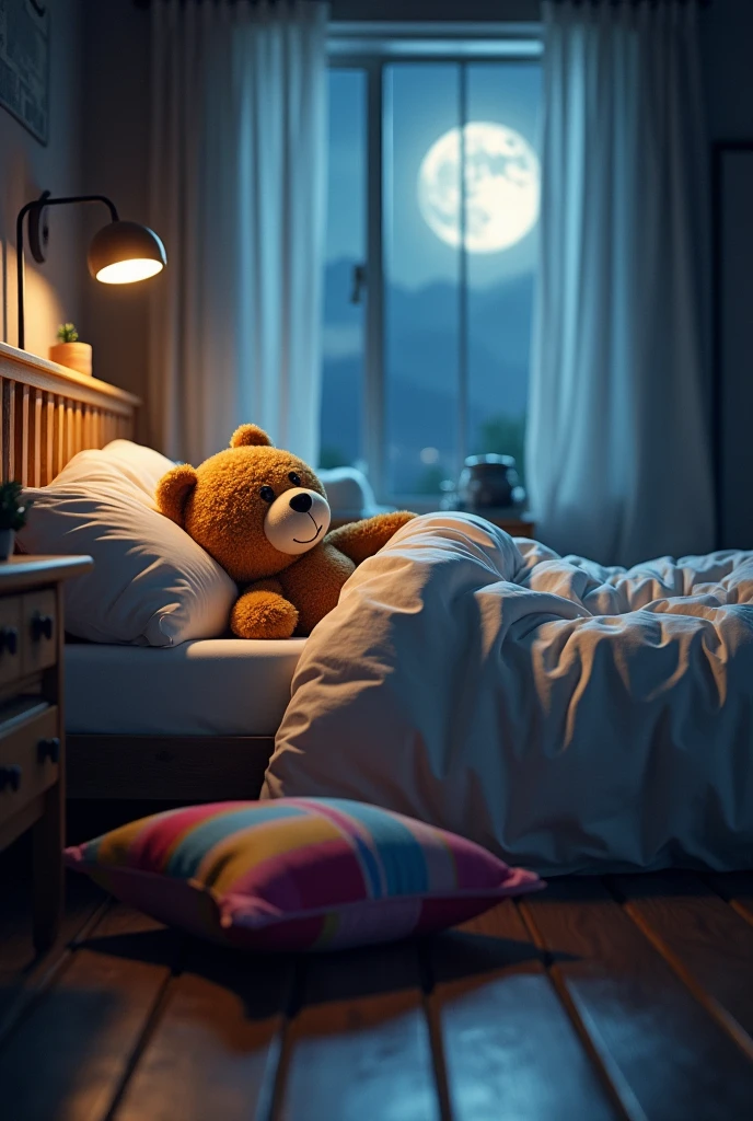 Ted is lying in his bed, covered by a fluffy duvet, with a peaceful smile on his face. Beside your bed, a colorful pillow is lying on the floor, remembering the great adventure he lived that day. The moon shines softly through the window, and Ted seems to be dreaming about his next conquests, while the environment transmits peace and tranquility.