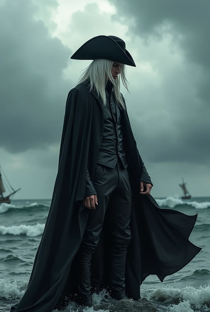 Male character black clothes and black pants with white hair with black pirate hat with invisible head