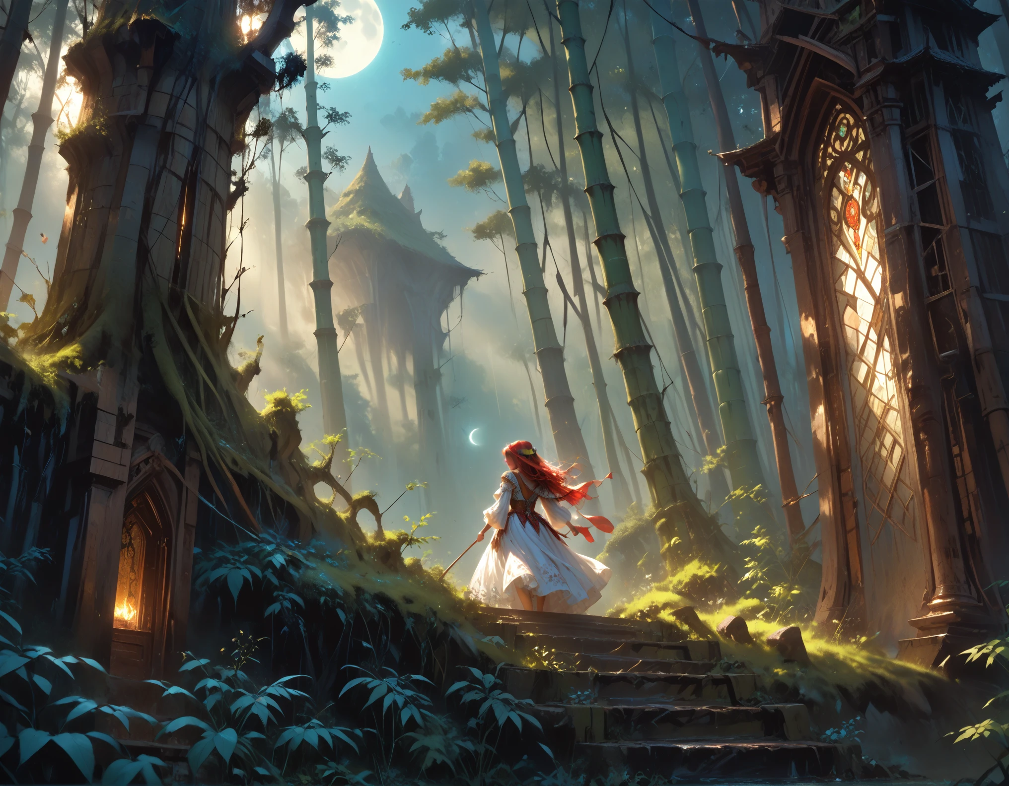 high details, best quality, 16k, [best detailed], masterpiece, best quality, (extremely detailed), a view from the rear (best details, Masterpiece, best quality), photorealistic, fantasy art, RPG art, a picture of a human sorceress sittings in bamboo forest, opening a  large (magical doorway: 1.2), with magical runes on it, looking into the (heavens: 1.3), epic beautiful human woman (best details, Masterpiece, best quality), ultra detailed face (best details, Masterpiece, best quality), dynamic hair color, dynamic hair style, dynamic eyes color, dynamic dress (best details, Masterpiece, best quality), bamboo, the magical doorway opens into the heavens and you can see angels flying, glowing arcane sigils GlowingRunes_paleblue, fantasy bamboo forest at night, moon light, moon rays, stars, Ultra-high resolution, High Contrast, (masterpiece:1.5), highest quality, Best aesthetics), 16K fantasy art, best details, best quality, highres, (ultra wide angle: 1.2), 16k, [ultra detailed], masterpiece, best quality, (extremely detailed), Cinematic Hollywood Film