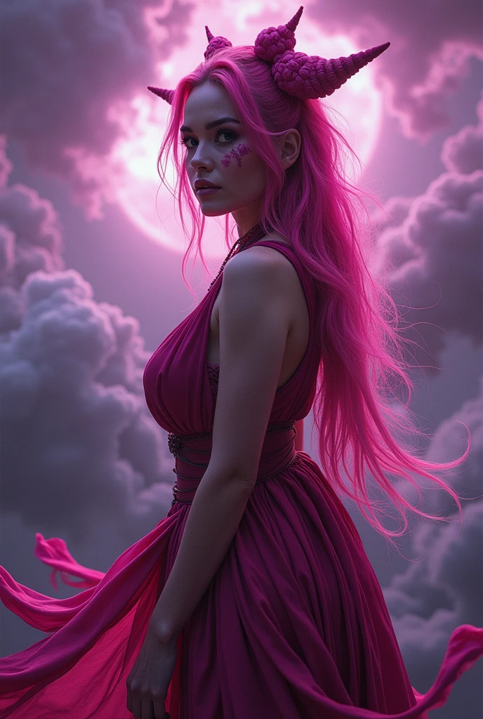 A woman with pink hair and Sukuna&#39;s markings on her face, seminua