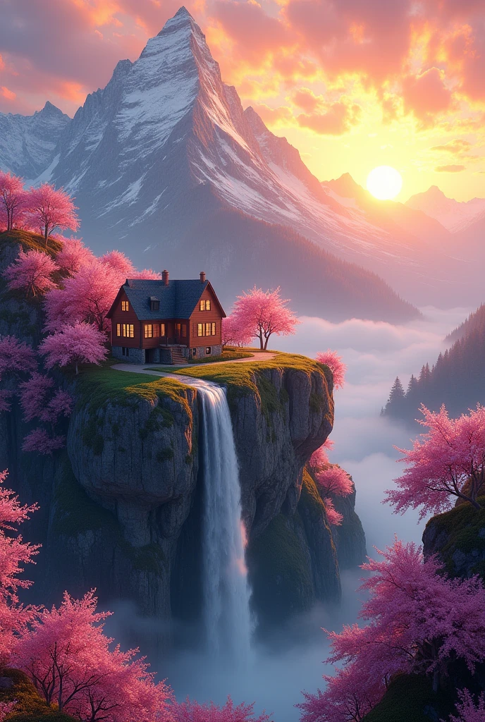 ChromaV5, nvinkpunk, Analog Style, a beautiful house on a beautiful mountain full of hyper detailed spring pink trees, with beautiful and realistic waterfalls in the background, with beautiful and spectacular sunset, concept art, Art by greg rutkowski and albert bierstadt, trending at artstation, oil painting, octane render, cinematic