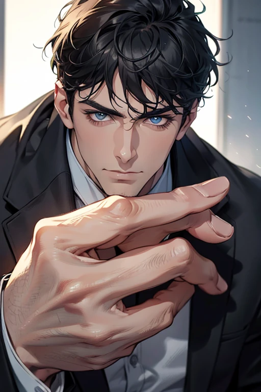 (Best Quality,4k,8k,high resolution,Masterpiece:1.2),ultra detailed,(realist,photorealist,photo-realist:1.37),1 man,31 years,mature man,very handsome,without expresion,muscled body,short gray black hair,Blue eyes,glare,perfect face without mistakes,imposing posture,businessman,office background,cinematic lighting,imagen HDR
