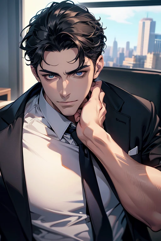 (Best Quality,4k,8k,high resolution,Masterpiece:1.2),ultra detailed,(realist,photorealist,photo-realist:1.37),1 man,31 years,mature man,very handsome,without expresion,muscled body,short gray black hair,Blue eyes,glare,perfect face without mistakes,imposing posture,businessman,office background,cinematic lighting,imagen HDR