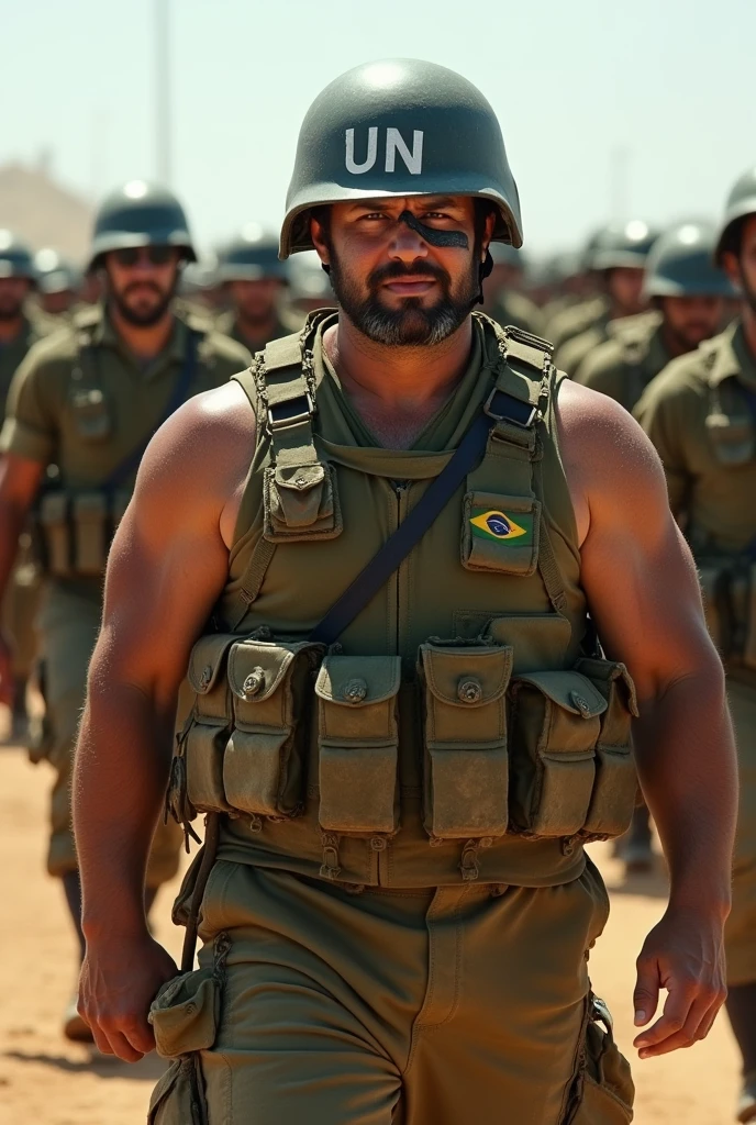 Illustrate a realistic light brown man all dirty with dust and all cut up from the Brazilian army commando battalion, with a large, strong and wide physique, He has short hair, with a tired but aggressive look, holding a heavy machine gun with a large cut on his face. He is fully equipped with a blue UN helmet and a long-sleeved Brazilian army uniform with the flag symbol on the shoulder.. He has a large, heavy vest. In the background leading an entire battalion of Brazilian soldiers