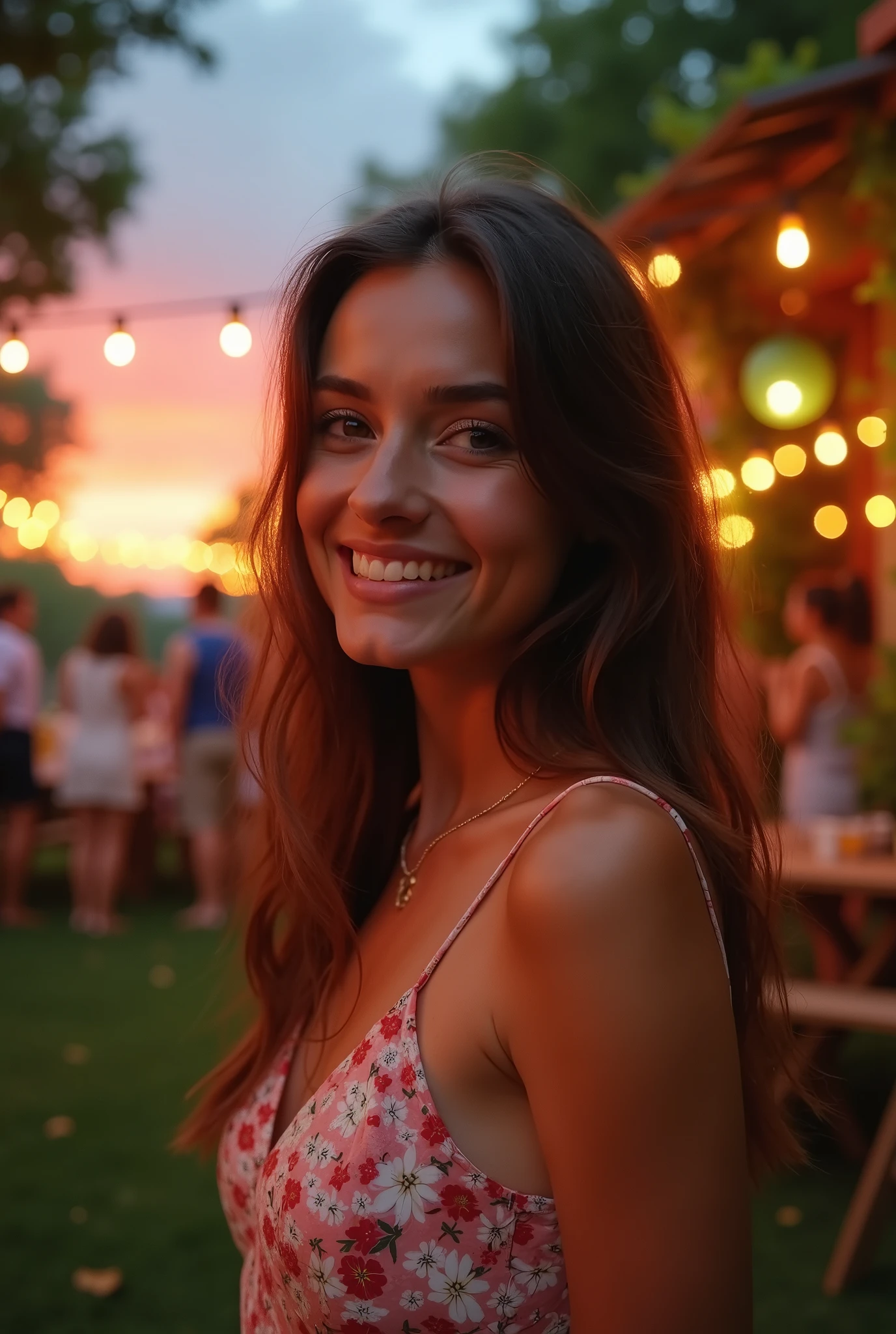 Brunette woman with brown eyes , a person who is realistic we would not say that it is a person created by AI has a party outside
