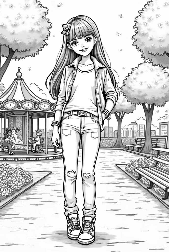 Create an illustration for a children&#39;s coloring book. girl, long hair, With a bang, with a hairpin, dressed in stylish clothes, typical for Zara collections - jeans, unbuttoned shirt, Zara T-shirt, sneakers, ring, bracelets. Leave the clothes and background without color., чтобы children могли раскрасить их по своему вкусу. The background may contain elements of the city park., Carousel, flowers, bench, trees, children. There are many small details in the picture..