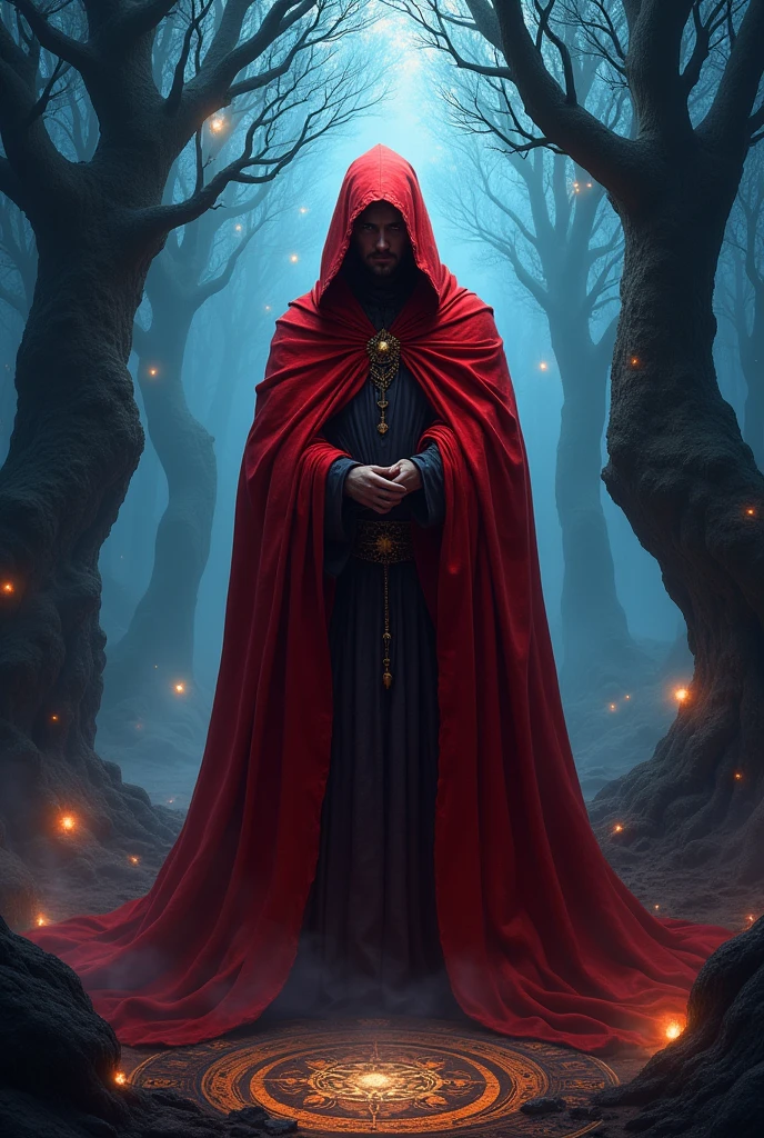 wizard with red cloak covering his entire body