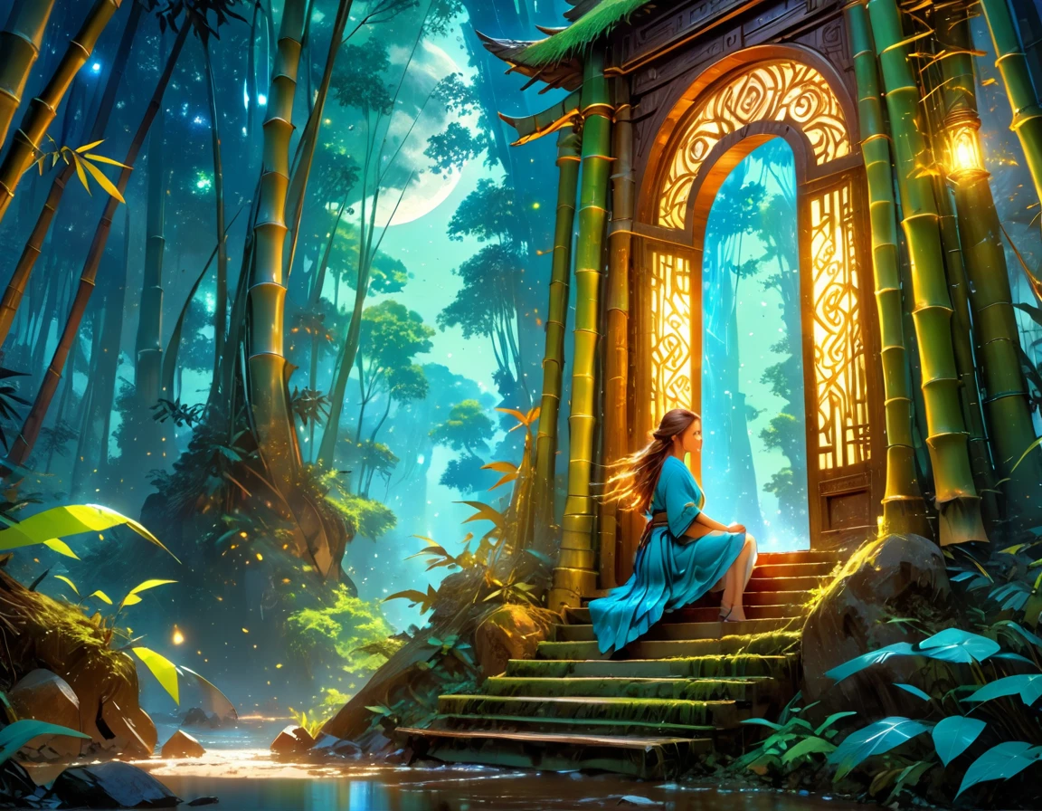 high details, best quality, 16k, [best detailed], masterpiece, best quality, (extremely detailed), a view from the rear (best details, Masterpiece, best quality), photorealistic, fantasy art, RPG art, a picture of a human sorceress sittings in bamboo forest, opening a large (magical doorway: 1.2), with magical runes on it, looking into the (heavens: 1.3), epic beautiful human woman (best details, Masterpiece, best quality), ultra detailed face (best details, Masterpiece, best quality), dynamic hair color, dynamic hair style, dynamic eyes color, dynamic dress (best details, Masterpiece, best quality), bamboo, the magical doorway opens into the heavens and you can see angels flying, glowing arcane sigils GlowingRunes_paleblue, fantasy bamboo forest at night, moon light, moon rays, stars, Ultra-high resolution, High Contrast, (masterpiece:1.5), highest quality, Best aesthetics), 16K fantasy art, best details, best quality, highres, (ultra wide angle: 1.2), 16k, [ultra detailed], masterpiece, best quality, (extremely detailed), Cinematic Hollywood Film