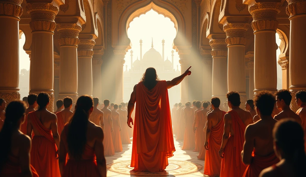 Generate a high quality interior of an indian palace with big windows without mirror and curtain closing, the indian palace king having bodybuilder physic and long hairs scolding and ordering his all male servents standing with anger standing in front of them giving order, the king is pointing finger toward only male servents king face is highy detailed with high definition and fully visible,palace ambience is rich and ancient,king face is visible clearly,include curtains in palace and increse light
