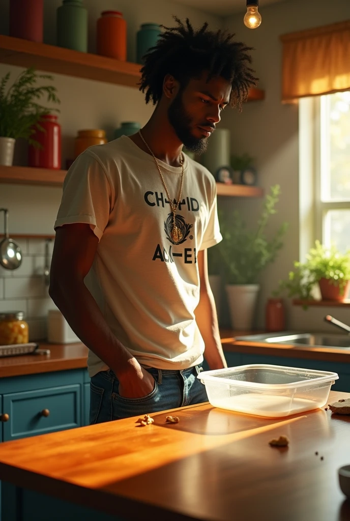 Keidran Jones devant un tupperware vide