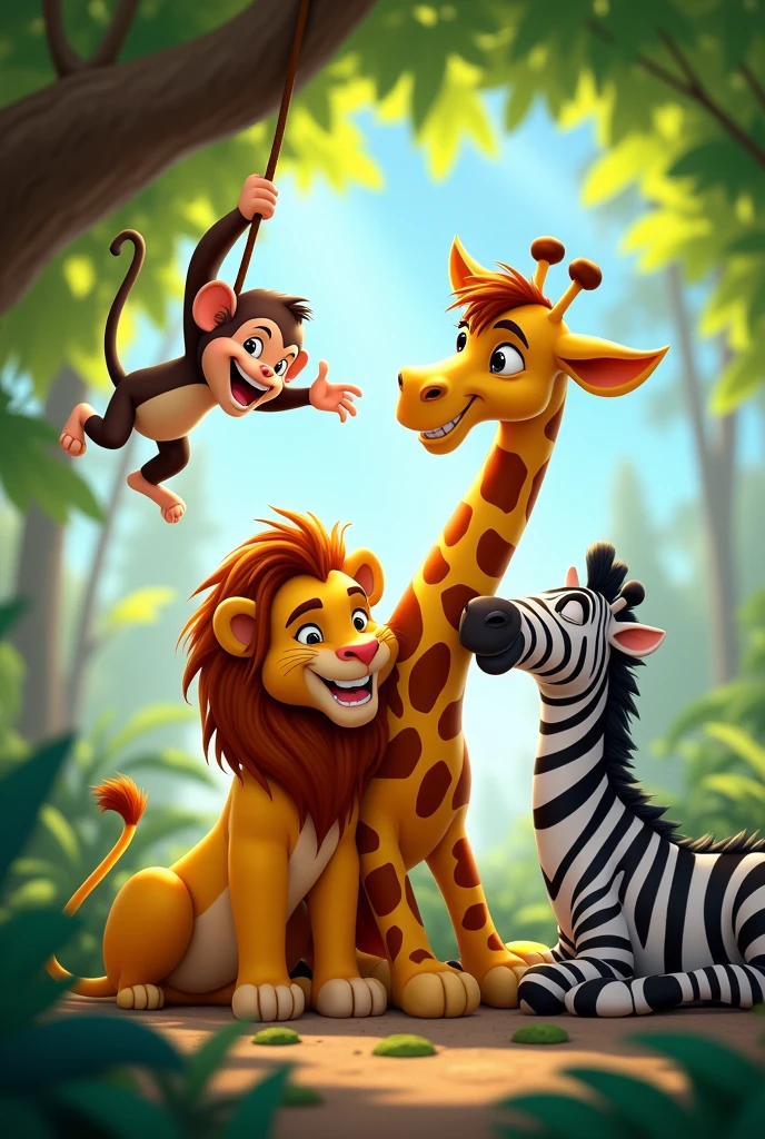 lion and giraffe and monkey and zebra all together Disney pixar transparent background