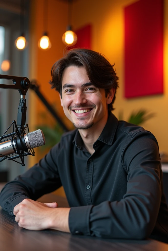 a young adult man with dark brown hair side swept bangs at a podcast table with slightly large cheeks
