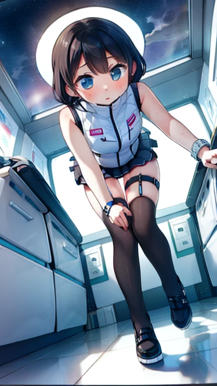 (Highest quality), (masterpiece), 1080P, High resolution, 4K, 8k, Inside the space station、Futuristic room、Thigh straps, Shooting from directly below, The woman on top of me, 白いSweat, Covered , Sweat, Woman looking down, Skirt swimsuit, Thigh-high socks, To achieve this, , , whole body, Black leather shoes, Braided hair, Inner Color, Embarrassed face, Short black hair, bracelet, Bedroom,celestial body_Vest
