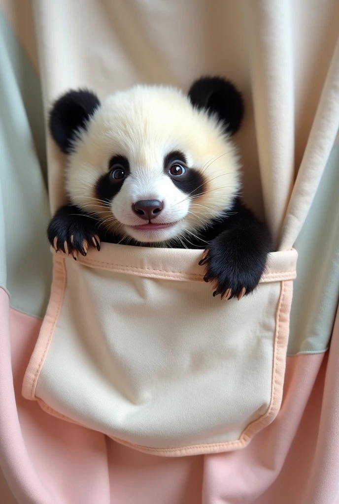 Generate an image of baby panda secretly looking from inside the pocket of t shirt and only half face of panda and one hand of panda is visible pocket is slightly wrinkled horizontally 