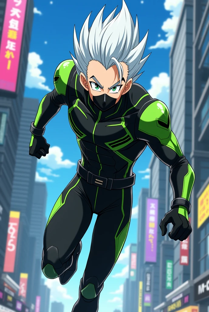 male character, white hair spiky up like Goten&#39;s db gt, greeneyes, small pointy ears. Character defined, black futuristic outfit with green details like a hero uniform, Mask covering the mouth and nose, black mask. anime dash