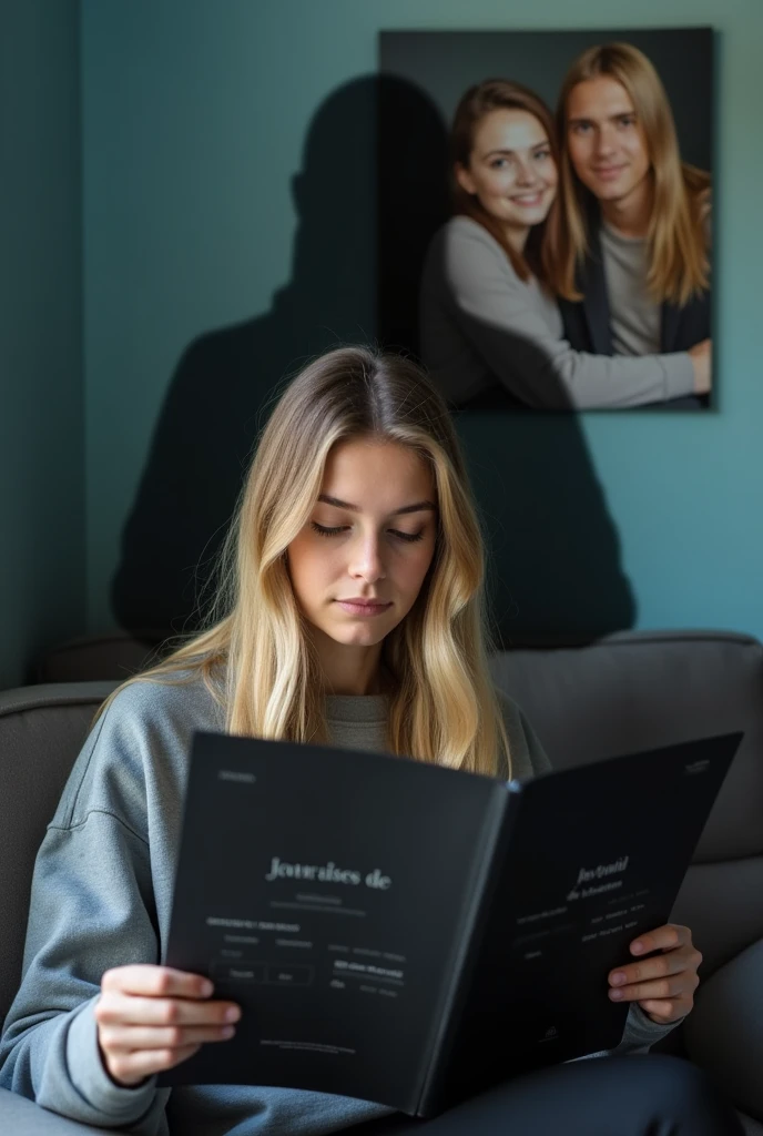 En premier plan une  fille adulte blonde en sweat qui lit un journal noir avec écrit sur le journal  "journal de Isabel Brown" et derrière elle une ombre un peu plus grande avec ce ne doit pas être la même personne et le fond bleu et sur le fond une photo de la même fille blonde et de une femme brune et un homme blond ensemble
