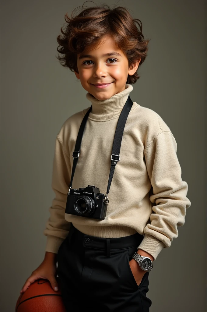 hyperreal: Cinnamon skinned boy, with dimples, green eyes, that has a very sexy but innocent appeal at the same time, with Mexican features from the state of Jalisco, that has brown hair with almost blond streaks, que sus green eyes sean ojos hazel, that has a warm but sexy smile, that has poorly adjusted half-moon lenses, that he wears black dress pants, white shirt with a turtleneck sweatshirt of the same color and a light brown sweater, expensive and elegant watch and rings, that he has a camera hanging from his neck then that he has a muscular but youthful and athletic appearance, as would be a basketball and martial arts player.