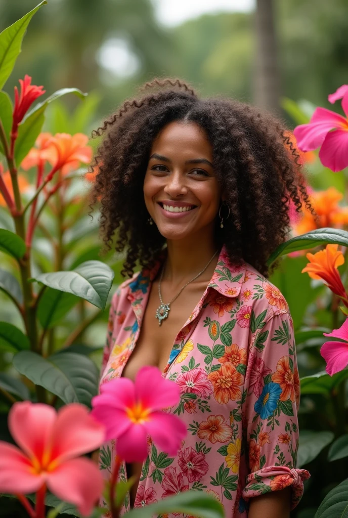 A Brazilian woman in a lush tropical garden, wearing an open shirt with a floral print, with a close-up capturing the harmonious beauty between her breasts and the natural flowers, showing off your natural charm and outgoing personality.