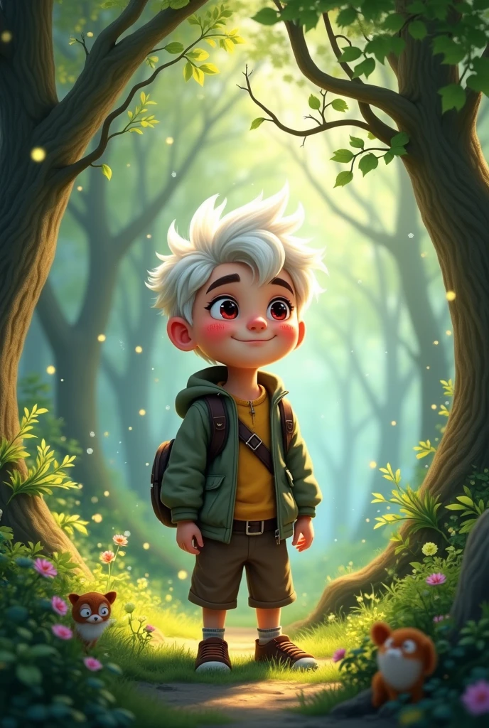 A thirteen-year-old boy with white hair, brown eyebrows, dark red eyes and plump rosy cheeks.